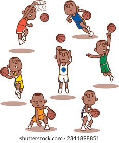 Set of vector illustrations playing basketball