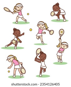 Set of vector illustrations playing tennis