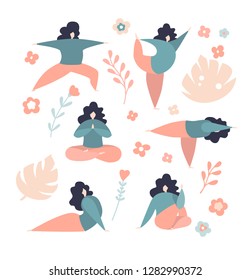 Set of vector illustrations of plus size women in different yoga poses. Modern flat characters. Cute oversized girls in pastel colors with pink doodle flowers, leaves and twigs isolated on white.