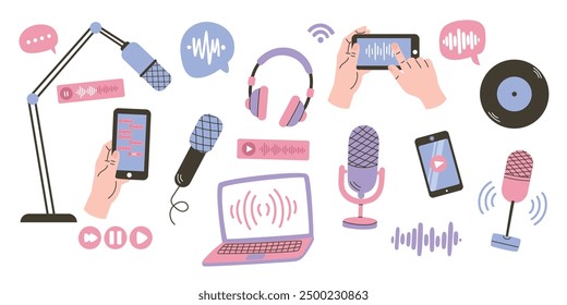 Conjunto de Ilustraciones vectoriales de podcast, estación de radio, radio en línea. Conjunto de Elementos de podcast de moda. Vector plana ilustración de dibujos animados