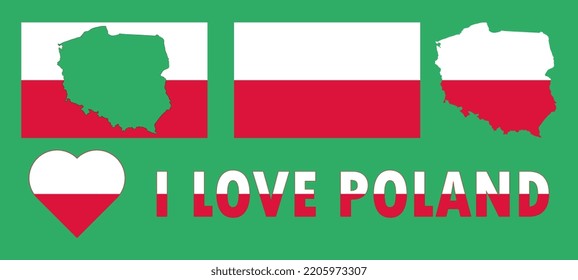 Set of vector illustrations with Poland flag, country outline map and heart. Travel concept.
