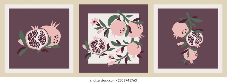 Set of vector illustrations of pomegranate. Ripe fruit on branches, half pomegranate with seeds, with leaves and flowers in hand drawn flat style. For interior decor, prints, cards