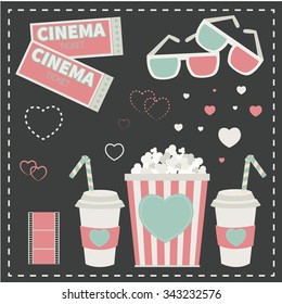 Set of vector illustrations of popcorn, drinks and movie tickets.Cinema for romantic dates. Cute design for Valentine's Day.