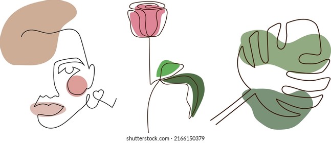 A set of vector illustrations: a portrait of a woman in one line, a flower in one line, a palm leaf in one line, drawn by hand. Beauty fashion female face, continuous linear art. tattoos, beauty logo