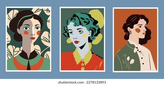 Conjunto de ilustraciones vectoriales con retratos de mujeres hermosas en estilo retro. cartel de impresión de arte mural