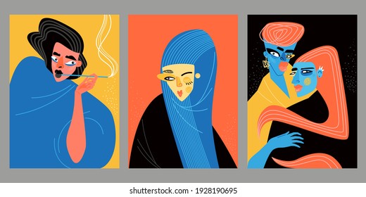 Set of vector illustrations with portraits of fashionable women in a modern style. Contemporary art images