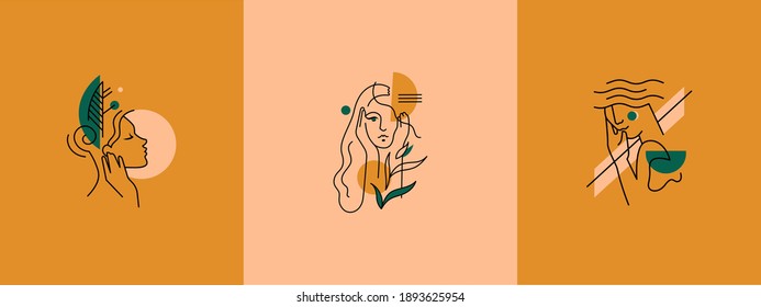 Set of vector illustrations portraits, stylized faces of girls. Abstract shapes, silhouettes of faces. Logo for business in the industry of beauty, health, personal care. Logo for beauty salon.