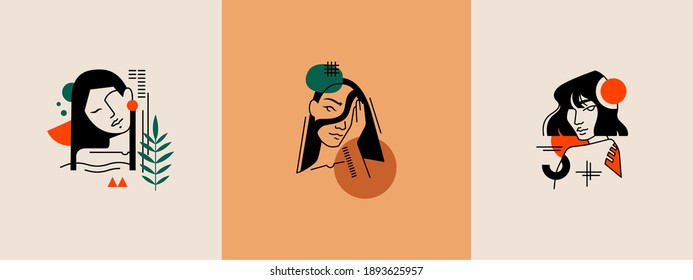 Conjunto de ilustraciones vectoriales, caras estilizadas de niñas. Formas abstractas, siluetas de caras. Logo para negocios en la industria de la belleza, la salud, la atención personal. Logo del salón de belleza