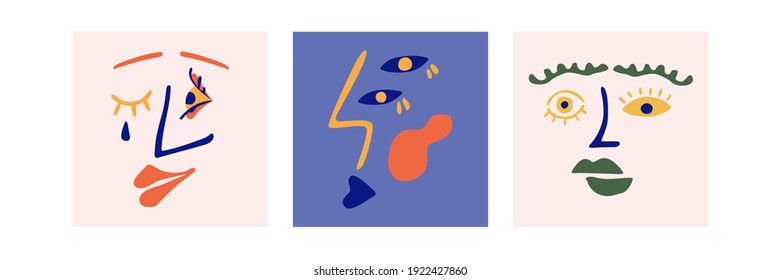 Conjunto de retratos de ilustraciones vectoriales, caras surrealistas. Formas abstractas, siluetas de caras. Colección de afiches con caras modernas