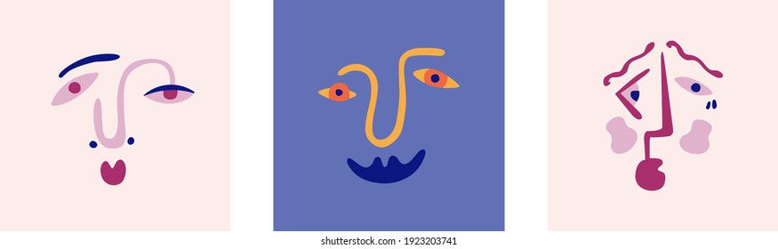 Set of vector illustrations portraits, surreal faces. Abstract shapes, silhouettes of faces. Collecton of posters with modern faces