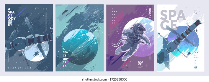 A Set Of Vector Illustrations. Posters And Backgrounds About The Space And The Universe. Space Odyssey, Space, Astronaut, Planets.