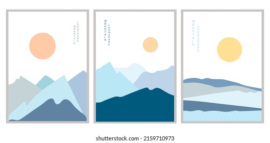 Conjunto de ilustraciones vectoriales afiches paisajes de montaña azules al atardecer. Antecedentes geométricos al estilo japonés asiático. Símbolo abstracto para imprimir, afiche, textil, portátil, postal, tarjeta