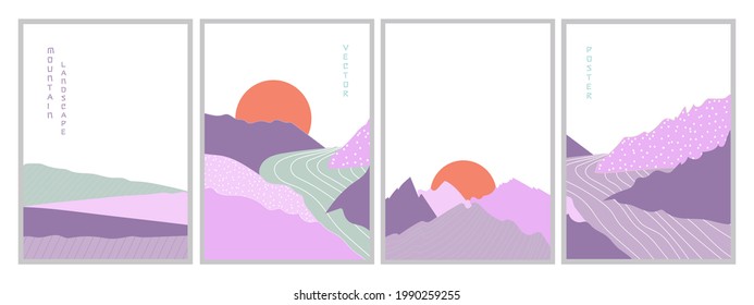 Set of vector illustrations posters mountain landscapes at sunset with river. Geometric landscape background in asian japanese style. Abstract symbol for print, poster, sticker, card design. 