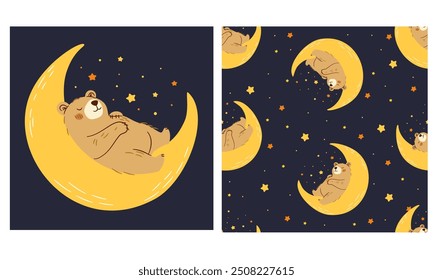 Set of vector illustrations for printing on children's products. Cute bear sleeping on the moon in the stars. Seamless vector pattern 