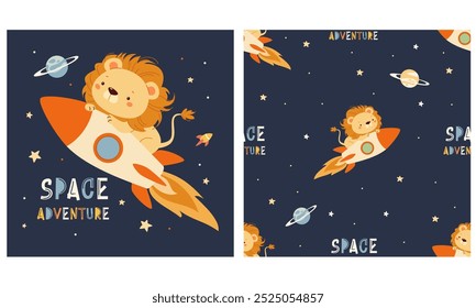 Conjunto de Ilustraciones vectoriales para imprimir en productos infantiles. León lindo que vuela en un cohete en el espacio, leyenda de aventura espacial. Patrón de Vector sin costuras 