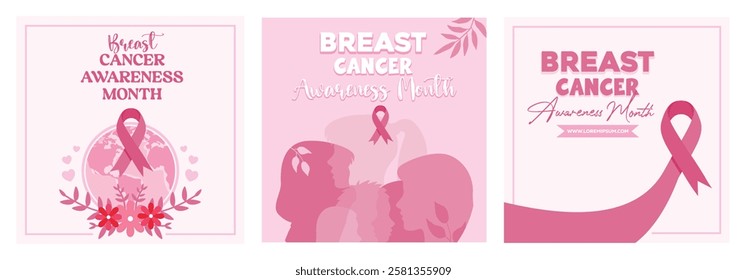 A set of vector illustrations promoting Breast Cancer Awareness Month. Featuring a pink bow and an inspiring design. Breast cancer awareness concept. Set flat vector illustration.