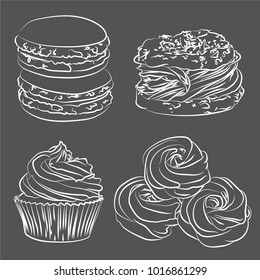 A set of vector illustrations of puff pastry dessert, macarons, cupcake and zefir, white sketch on a grey chalkboard