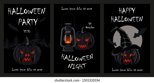 Set of vector illustrations with pumpkins for Halloween. Angry pumpkin. Set of elements for cards, flyers, banners.