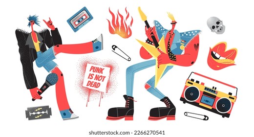 Set of vector illustrations in punk rock style. A man with a guitar, a girl with a microphone. Funny characters and objects in flat style.