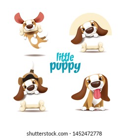 Set of vector illustrations of puppy in different situations. The puppy lies, sits and jumps for the bone.