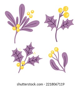 A set of vector illustrations with purple leaf twigs and pale yellow berries and flowers in a doodle handmade style on a white background. Botanical illustration for postcards, gifts, holidays