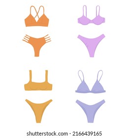 Satz Vektorgrafiken mit violett- und orangefarbenen Bikini-Badebekleidung, Badebekleidung