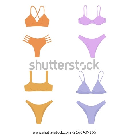 Set of vector illustrations with purple and orange bikini swimwear, swimwear set