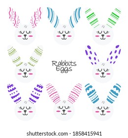 Set of vector illustrations of rabbits with painted ears. Easter theme. Childrens illustrations in cartoon hand drawn style for printing on clothes, interior design, packaging, printing.