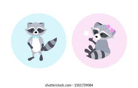 Set of vector illustrations with raccoons. Icons with raccoons. Cartoon raccoon in a tie. Illustrations with animals.