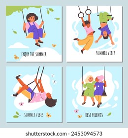 Un conjunto de Ilustraciones vectoriales irradia la alegría despreocupada del verano con niños y amigos en columpios, en medio de un telón de fondo de cielos azules y hojas flotantes