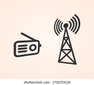 Set of vector illustrations of radio and antenna on a light background.
