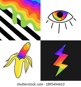 Set of vector illustrations. Rainbow, colorful, lightning, banana, eye, paint.