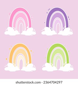 Conjunto de ilustraciones vectoriales de arcos de colores pastel. Colorido, con un fondo rosa cielo.