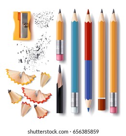 Набор векторных иллюстраций в реалистичном стиле заточены карандаши различной длины с резиной и без, точилка, стружки для карандашей и графита, выделенного на белом
