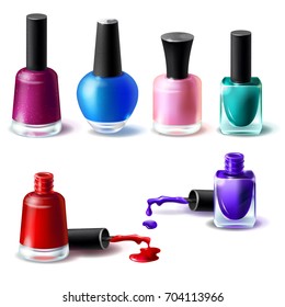 Set of vector illustrations in realistic style clean bottles with nail polish of different colors. Glass bottles with closed lids and open and blots of nail polish