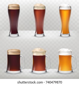 A set of vector illustrations in a realistic style of mugs and tall glasses of unfiltered, dark and light beer isolated against a gray background.