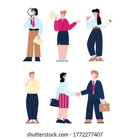 A set of vector illustrations of recruitment and job search. HR managers are looking for new employees. A bounty hunting Agency. Welcome to the team. Flat illustrations isolated on a white background.