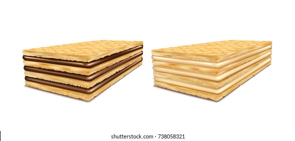 Set of vector illustrations of rectangular crispy wafers with chocolate and milk filling, isolated on white background in a realistic style.