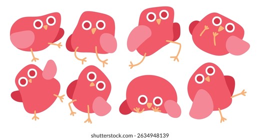 A set of a vector illustrations of red birds in silly poses. Dancing twirling spinning. On a white background. Stickers pins or patchwork templates in a cartoon style drawing. Set of eight. EPS 10.