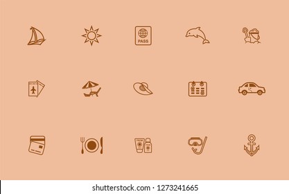 A set of vector illustrations for registration of a subject of a travel and holiday. Icons yacht, sun passport dolphin sand toys air ticket sun bed hat calendar car cash cards ware