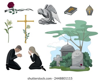 A set of vector illustrations related to death, funeral, cemetery. Landscape with cemetery, graves, tombstones, grieving man and woman, Angel with wings,cross, bible, rose, lily and mourning ribbons