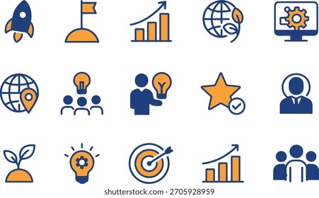 Conjunto de Ilustraciones vectoriales que representan el éxito del crecimiento empresarial, el impacto global y el desarrollo de ideas innovadoras