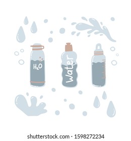 
set of vector illustrations with reusable water bottles. zero waste concept. Various bottles, glass, flusk. Hand draw cute trendy vector illustration. All elements are isolated
