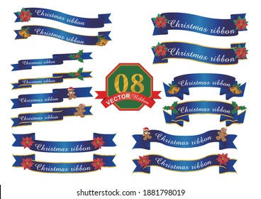 set of vector illustrations of ribbons, frames and decorations for Christmas. Poinsettia, bell, holly, gingerbread man cookies.