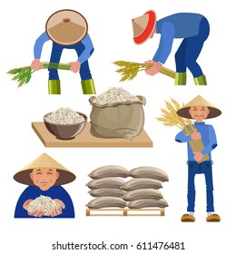 Set of vector illustrations with rice and farmers