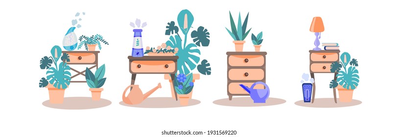 set of vector illustrations of a room with a humidifier in a flat style. collection of Humidifiers stands on the nightstand, surrounded by indoor plants. The concept of a healthy climate in the house.
