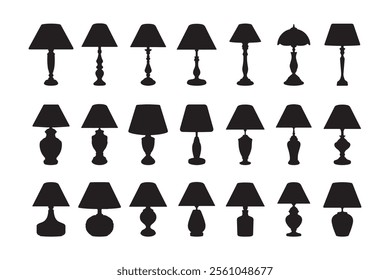 Set of vector illustrations of room lamps, floor and table lamps. Collection of black silhouettes on white background.