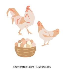 Set of vector illustrations. Rooster, chicken, eggs in a basket. Isolated on a white background.