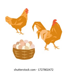 Set of vector illustrations. Rooster, chicken, eggs in a basket. Isolated on a white background.