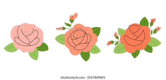 Set vector illustrations rose buds. Flower icons. Flowers for holiday cards, posters, invitations.